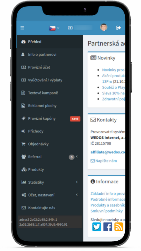 Mobilní telefon s administrací partnera WEDOS Affiliate
