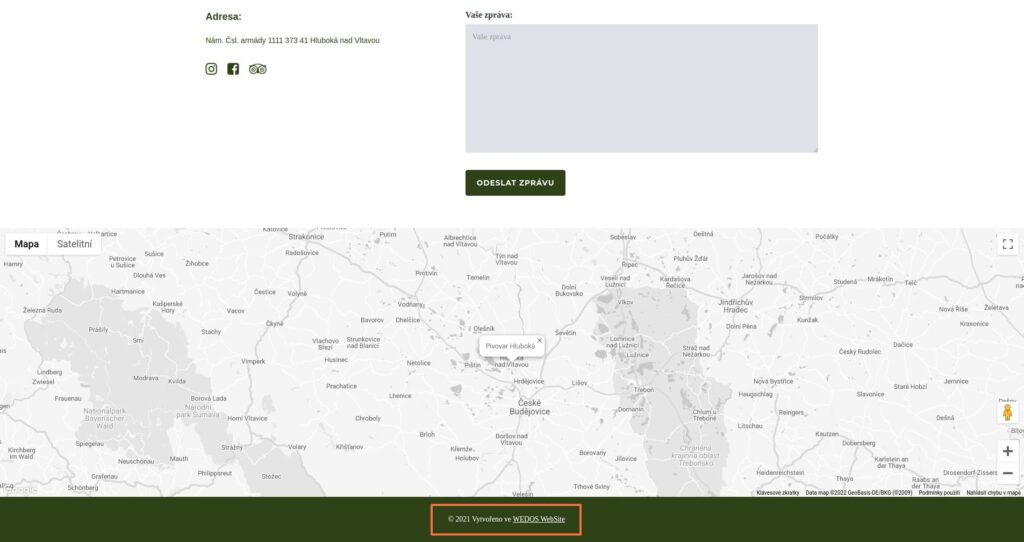 Ukázka provizního odkazu na službu WEDOS WebSite na webové stránce Pivovaru Hluboká