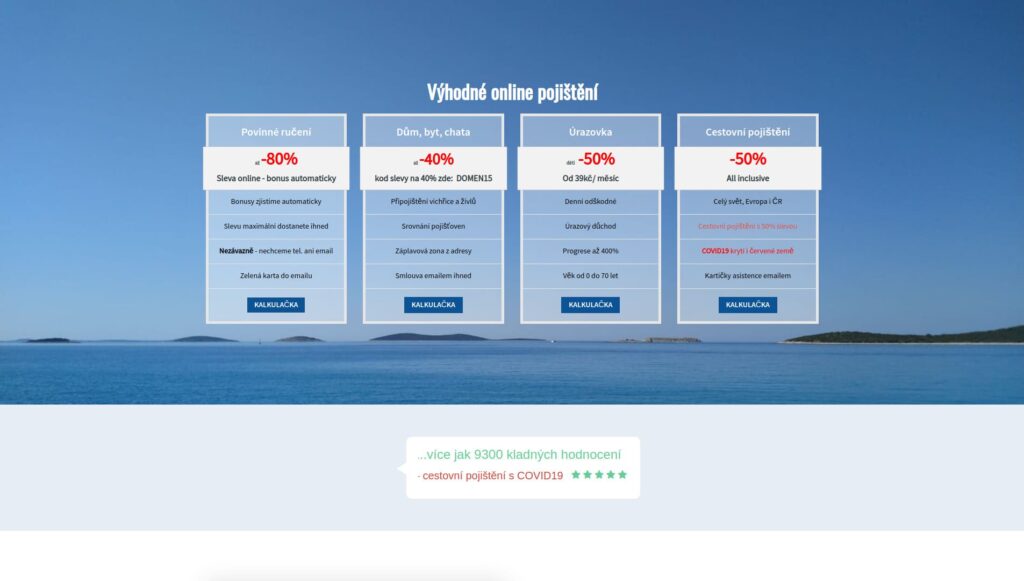 Šablona vytvořená ve službě WebSite s předpřipravenou nabídku produktů od POJISTENI.cz